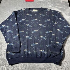 Vintage 90s Izod Golf Knit Sweater All Over Print Graphic‎ AOP Blue Men's Large